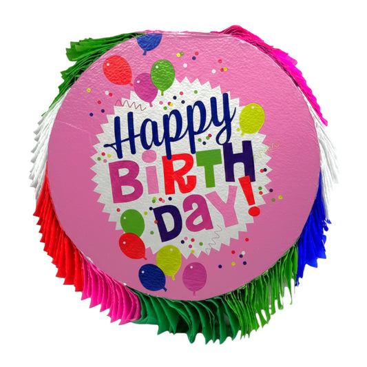 Colorful Round "Happy Birthday" Pinata with Rainbow Fringe - 18" Party Decoration