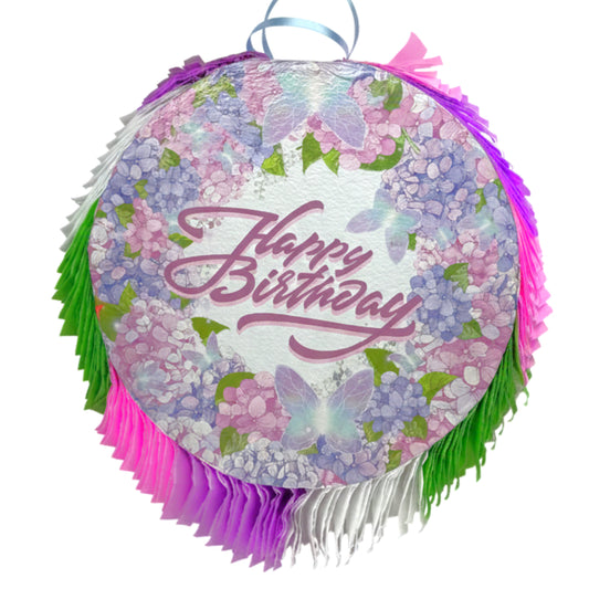 Floral Butterfly "Happy Birthday" Piñata - Round Party Decoration