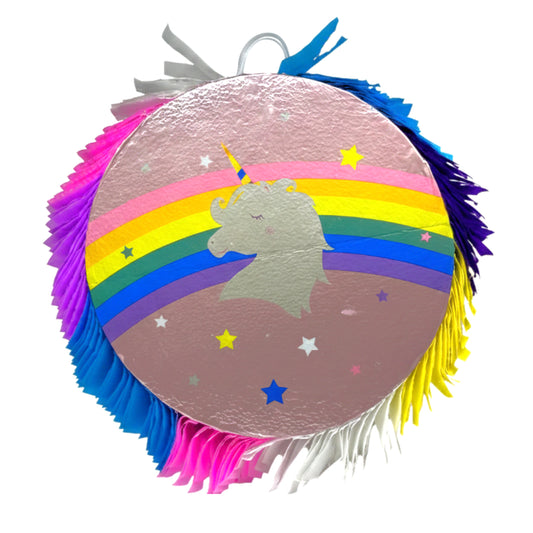Magical Unicorn Rainbow Party Piñata – 18-Inch Round Pink Foil Birthday Decoration with Colorful Fringe & Stars
