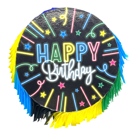 Neon Glow Happy Birthday Round Piñata – 18-Inch Retro Party Decoration for All Ages