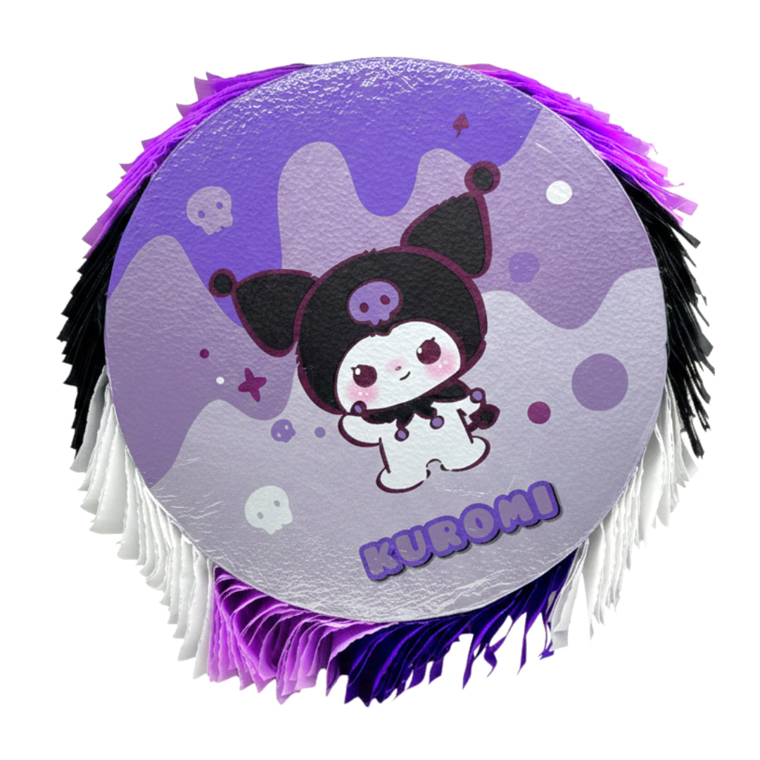 Kuromi Round Pull-String Pinata – 18-Inch Sanrio Birthday Party Decoration & Game – Purple, Black, and White Fringe