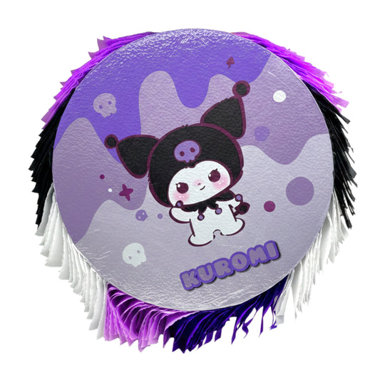 Kuromi Round Pull-String Pinata – 18-Inch Sanrio Birthday Party Decoration & Game – Purple, Black, and White Fringe