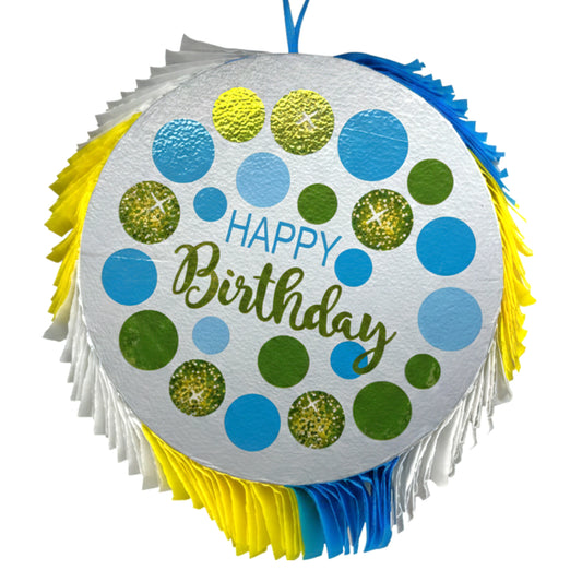 Blue and Green Polka Dot Happy Birthday Piñata - Round Silver Foil Party Decoration with Multi-Color Fringe