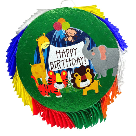 Jungle Safari Animals Round Birthday Piñata – 18-Inch Colorful Party Decoration featuring Lion, Elephant, Giraffe, Tiger, and Monkey