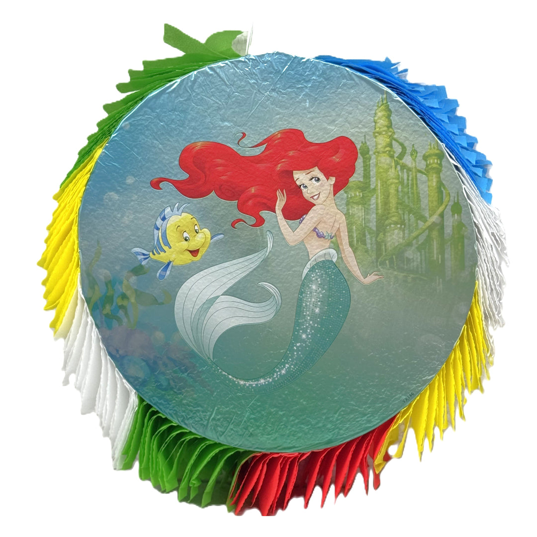 Disney Little Mermaid Pinata – Round Ariel and Flounder Pull-String Pinata for Birthday Parties – 18-Inch Under the Sea Theme Party Decoration