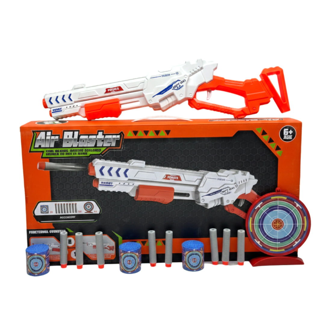 Air Blaster Foam Dart Gun Toy Set for Kids - Pump Action Toy Rifle with 10 Soft Foam Darts, 3 Target Cans, and Standing Target – White & Orange