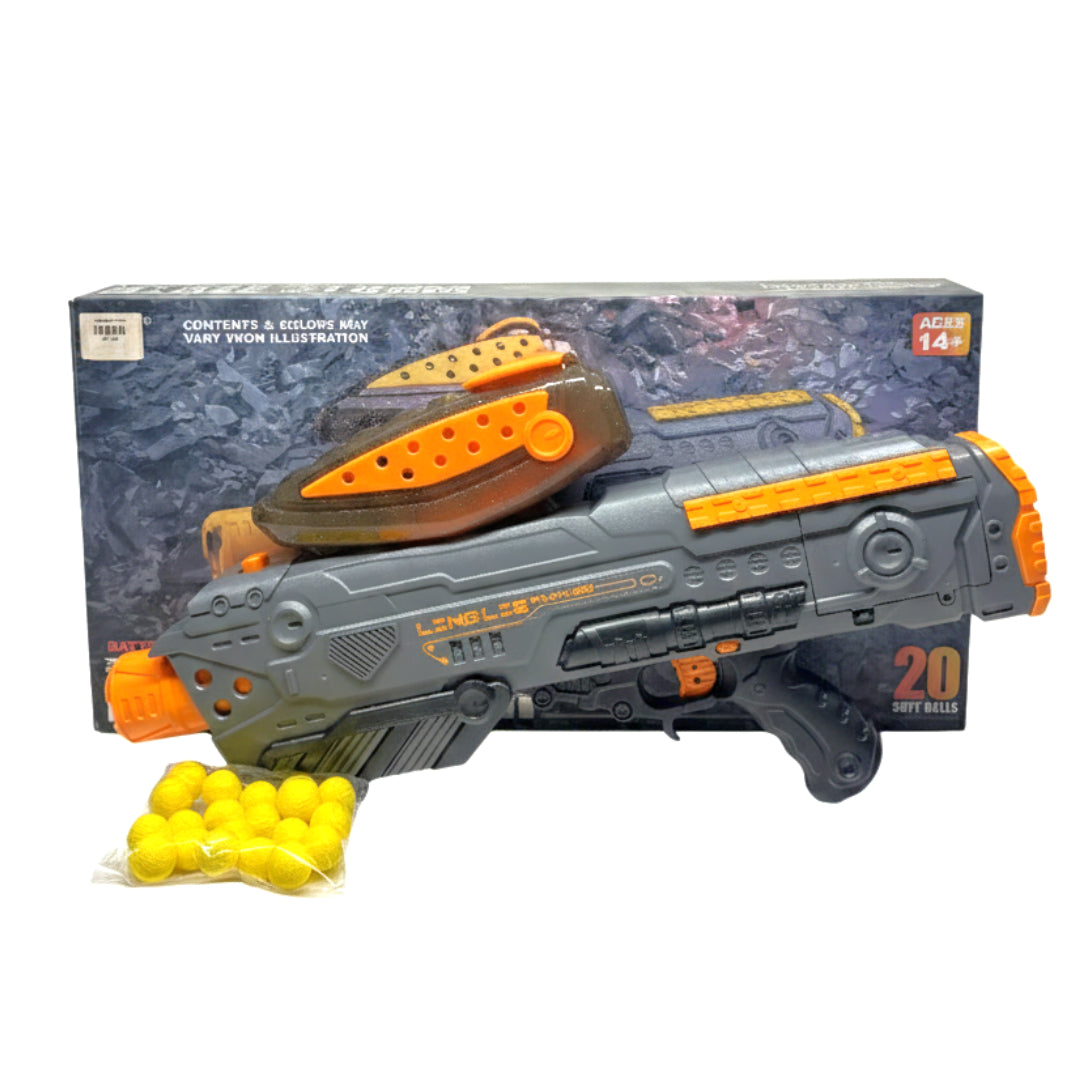 LINGL Tactical Soft Foam Ball Blaster – High-Velocity Pump Action Toy Gun with 20 Soft Rounds – Grey/Orange