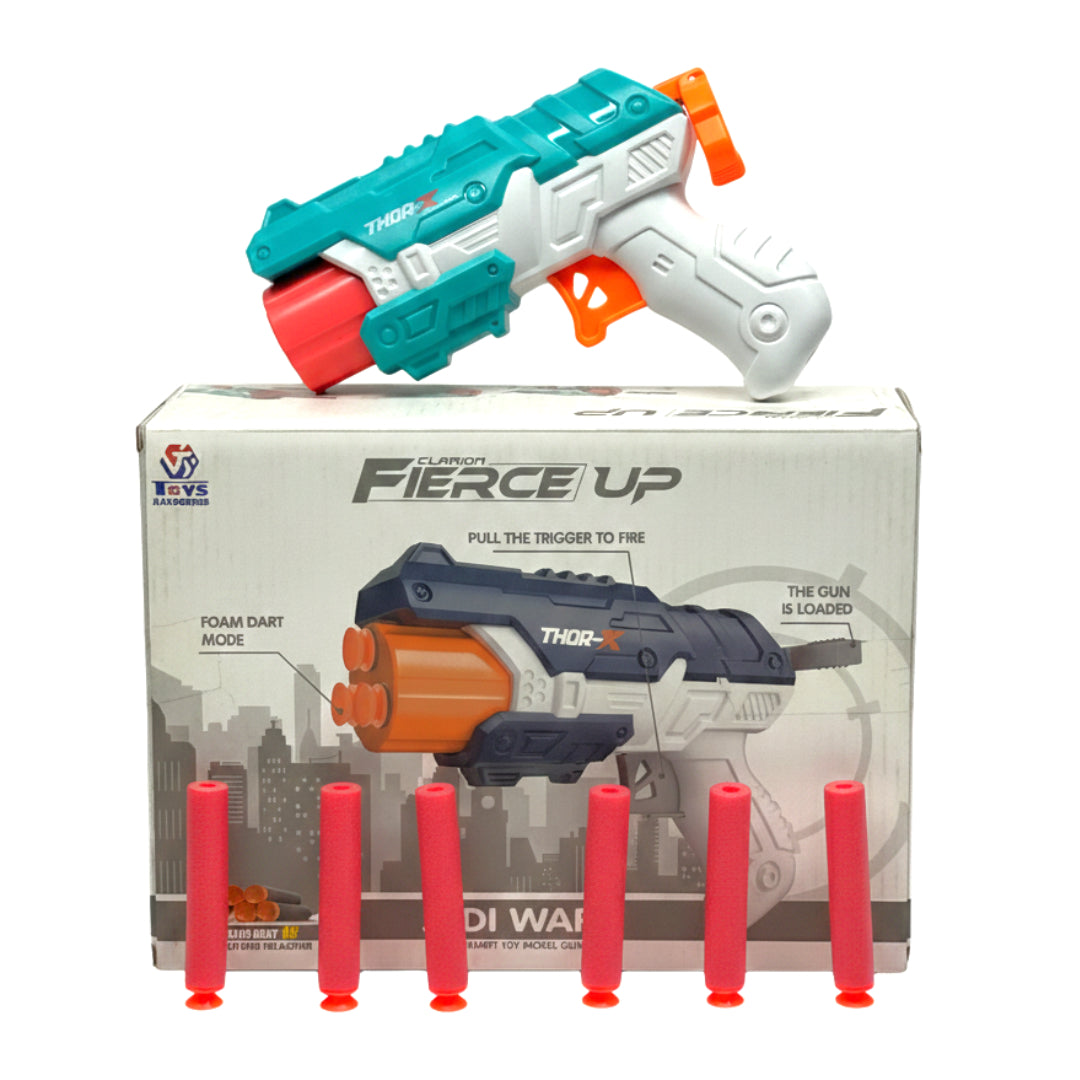 Thor-X Fierce Up Foam Dart Blaster Toy Gun – Manual Soft Bullet Pistol with 6 Suction Darts for Kids – Teal and White Edition