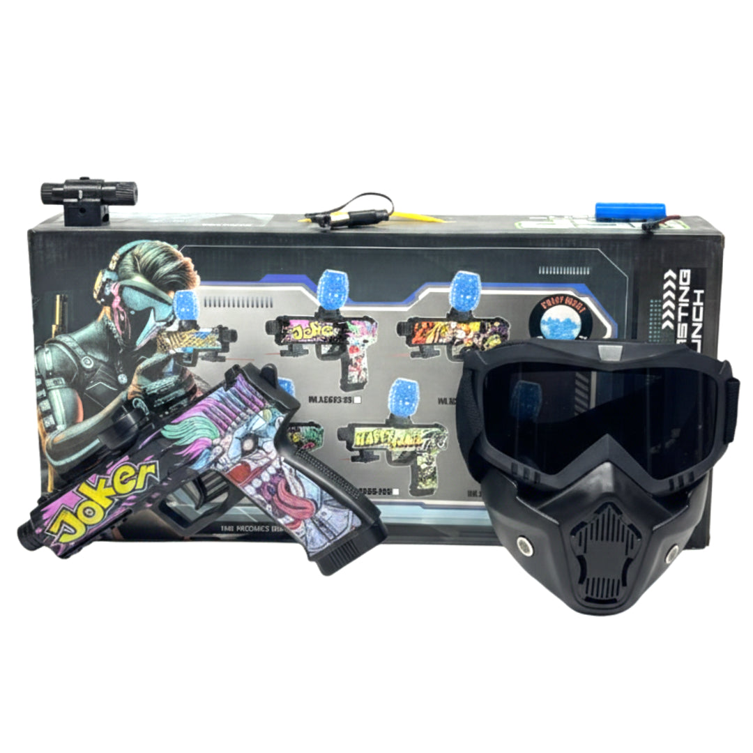 Electric Gel Ball Blaster Toy Gun – Joker Edition Automatic Water Bead Pistol with Tactical Face Mask, Rechargeable Battery, and Safety Goggles – Outdoor Backyard Shooting Game