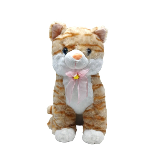 Adorable Ginger Tabby Cat Plush Toy - Soft Stuffed Animal Kitten with Pink Ribbon Bow - 10-Inch Orange Striped Kitty Doll