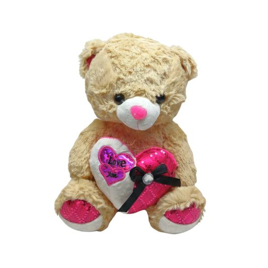 Adorable "I Love You" Teddy Bear Plush – Soft Beige with Pink Sequined Hearts
