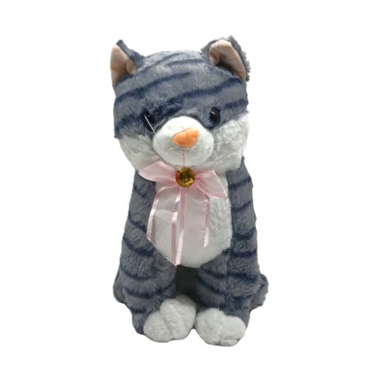 Grey Tabby Cat Plush Stuffed Animal – 8-Inch Realistic Striped Kitten Toy with Pink Ribbon Bow