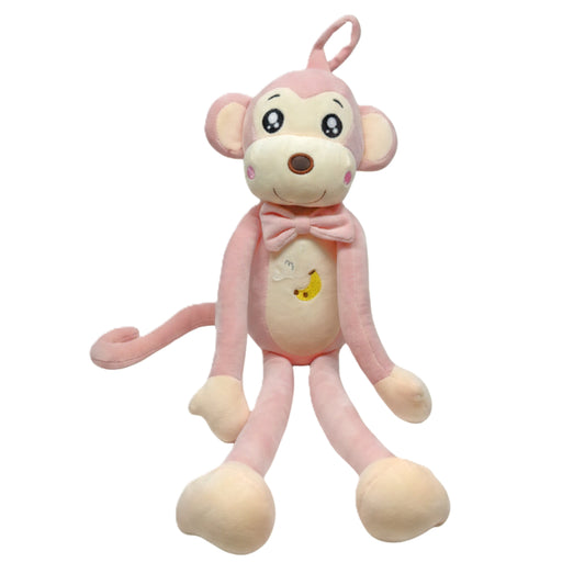 Adorable Long-Legged Pink Monkey Plush - Soft Stuffed Animal with Bow Tie & Banana Embroidery
