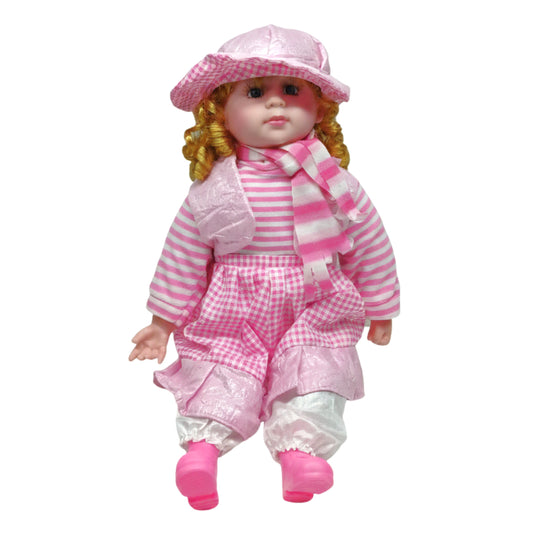 Elegant 18-Inch Collectible Girl Doll in Pink & White Checkered Outfit with Matching Hat and Scarf – Vintage Style Sitting Doll