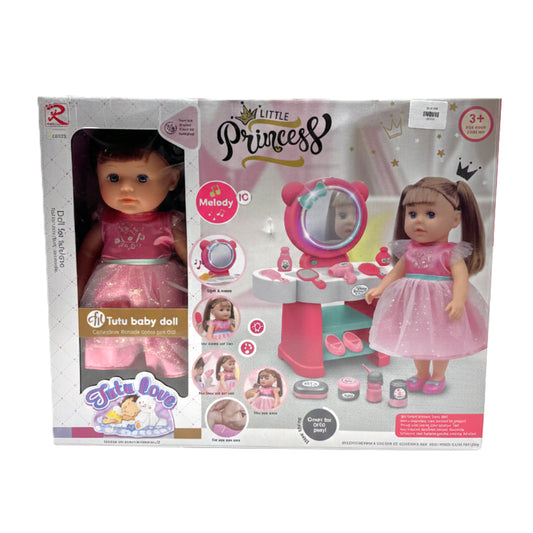 Tutu Love Little Princess Baby Doll Set – Interactive 12-Inch Tutu Baby Doll with Musical Vanity Table, Hair Styling Accessories & "Melody" Sounds – Gift