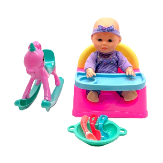 Bear Bubbles Deluxe Baby Doll Gift Set - 10" Realistic Doll with Rocking Horse & Dining Accessories