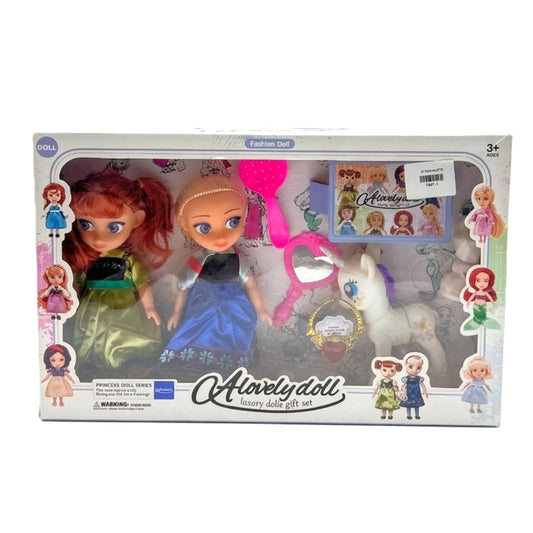A Lovely Doll Luxury Fashion Gift Set – 2-Piece Princess Dolls with White Unicorn, Hairbrush, Mirror, and Accessories – Toddler-Friendly Doll Playset
