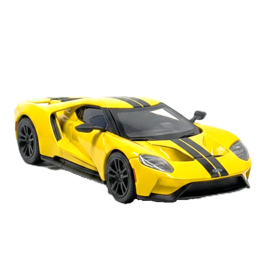 1:24 Scale Die-Cast Ford GT Model Car - Yellow with Black Racing Stripes - Collectible Toy Car with Pull-Back Action, Sound, and Light Features