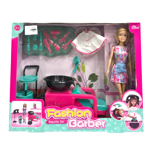Fashion Barber Doll Salon Playset with Hair Washing Station – Includes Stylist Doll, Salon Chair, Sink, and 10+ Styling Accessories – Creative Role Play Toy