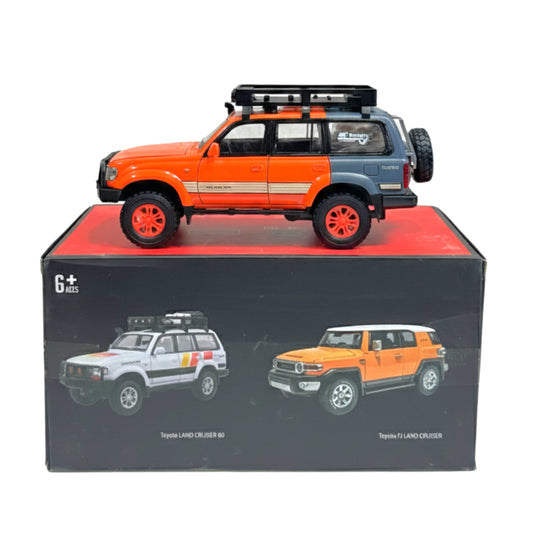 Toyota Land Cruiser 80 Series Off-Road Die-Cast Model – 1:32 Scale Overland Edition with Roof Rack & Spare Tire – Orange/Grey Two-Tone