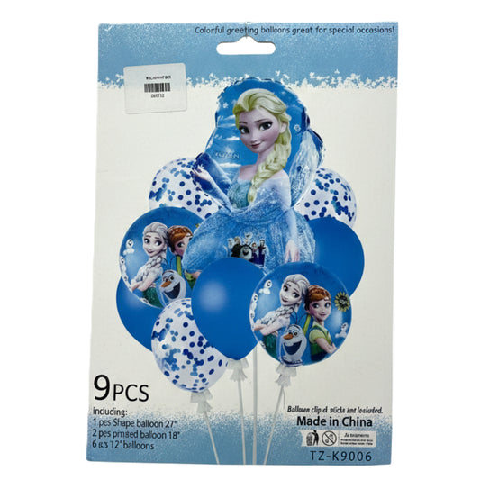 9-Piece Frozen Elsa Foil & Latex Balloon Bouquet Set – 27" Large Elsa Shape Balloon with Blue Confetti & Character Balloons – Perfect for Frozen Theme Birthday Parties & Girl's Room Decor