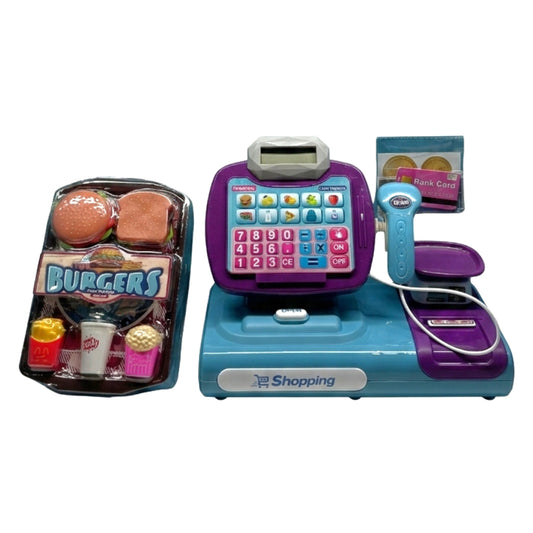 Interactive Kids' Cash Register Toy Set with Calculator, Scanner, and Scale – Educational Pretend Play Grocery Checkout for Toddlers – Blue & Purple