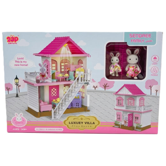 Sendaee Family Luxury Villa DIY Dollhouse Playset with Rabbit Figures & Lights