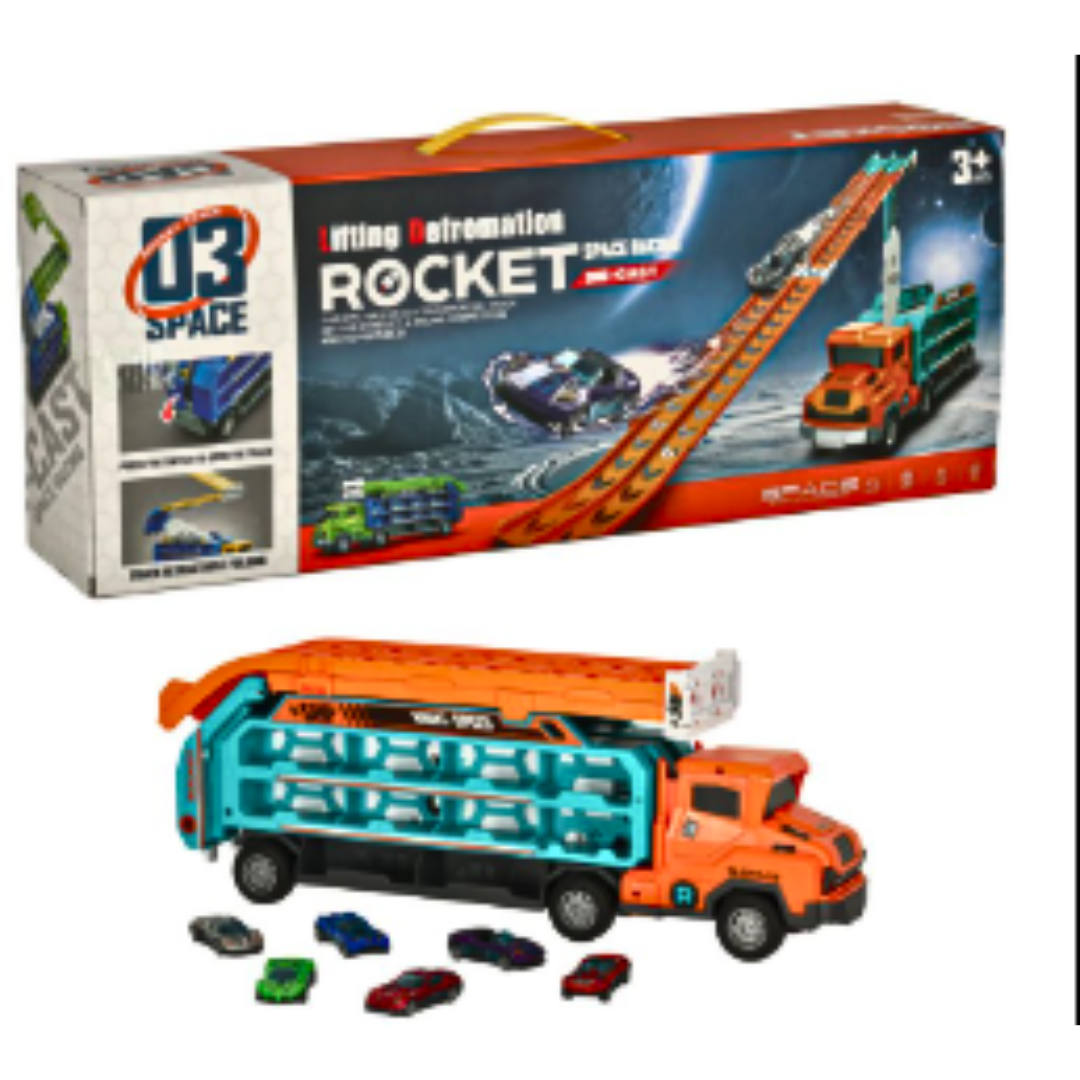 Space Series Die-Cast Car Carrier – Transforming Rocket Truck with Dual Racing Tracks