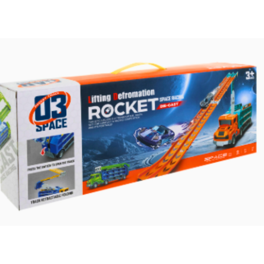 Space Series Die-Cast Car Carrier – Transforming Rocket Truck with Dual Racing Tracks