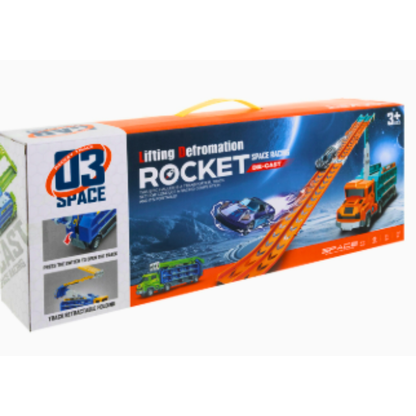 Space Series Die-Cast Car Carrier – Transforming Rocket Truck with Dual Racing Tracks