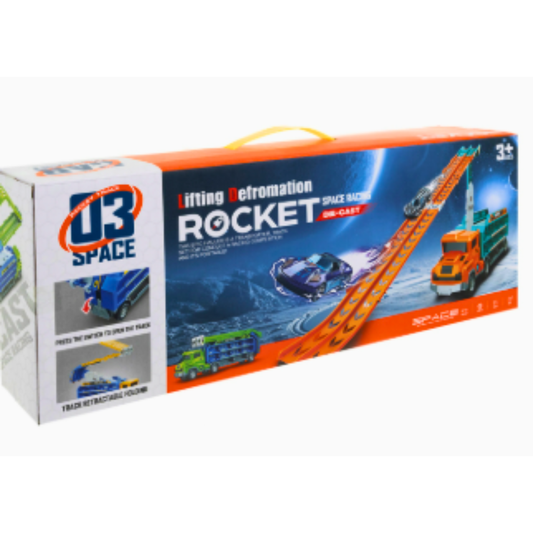 Space Series Die-Cast Car Carrier – Transforming Rocket Truck with Dual Racing Tracks