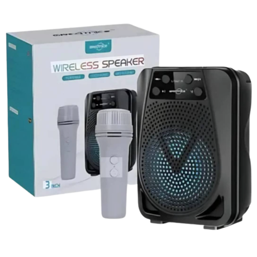 3-Inch Rechargeable Wireless Speaker – High-Fidelity Audio with Handheld Microphone – Multi-Color LED Display