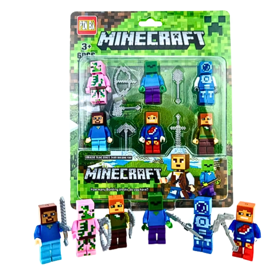 Minecraft Style Building Blocks Mini-Figures Set – 6 Action Figures with Battle Weapons for Kids Ages 3+