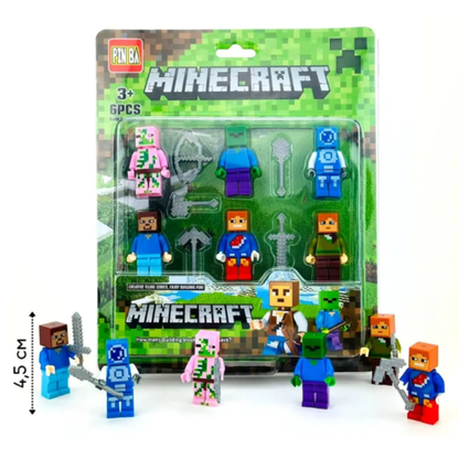 Minecraft Style Building Blocks Mini-Figures Set – 6 Action Figures with Battle Weapons for Kids Ages 3+