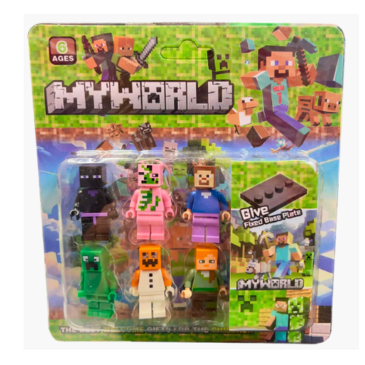 MyWorld Block-Style Mini-Figures Set – 6 Piece Character Collection with Bonus Fixed Base Plate for Ages 6+