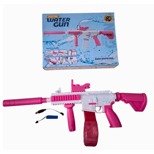 High-Capacity Electric Water Gun – Fully Automatic M4 Style Squirt Gun with 8m Range, Large Drum Magazine, and USB Rechargeable Battery (Pink & White)