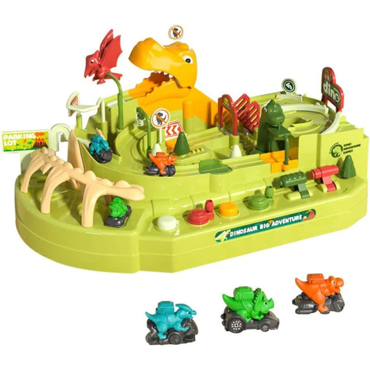 Dinosaur Adventure Car Track Set – Interactive City Rescue Race Track with 6 Manual Controls, Mechanical Puzzles, and 3 Mini Cars for Cognitive Skill Development and Preschool Play