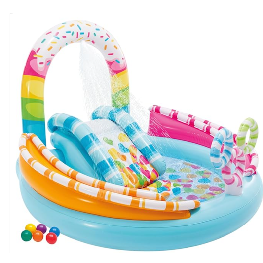 Intex Wet Set Collection Inflatable Candy Zone Play Center – Large Kids' Paddling Pool with Slide, Water Sprayer, and Toss Games for Summer Outdoor Fun (Ages 2+)