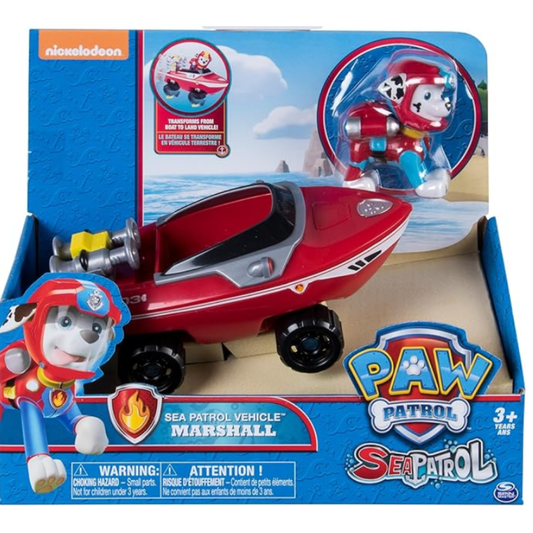 PAW Patrol Sea Patrol Marshall – Transforming Boat to Land Vehicle with Collectible Figure, Water Cannons, and Real Working Wheels for Water & Land Rescue Missions (Ages 3+)