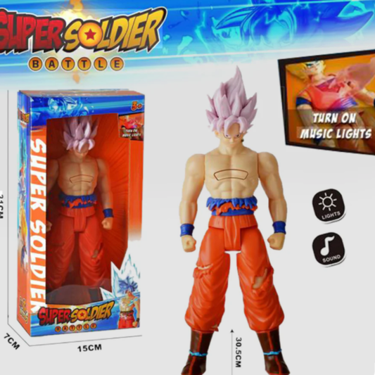 Super Soldier Battle Goku Action Figure Toy – 30cm Large Scale Anime Figure with Interactive Music & Flashing Lights for Kids & Collectors