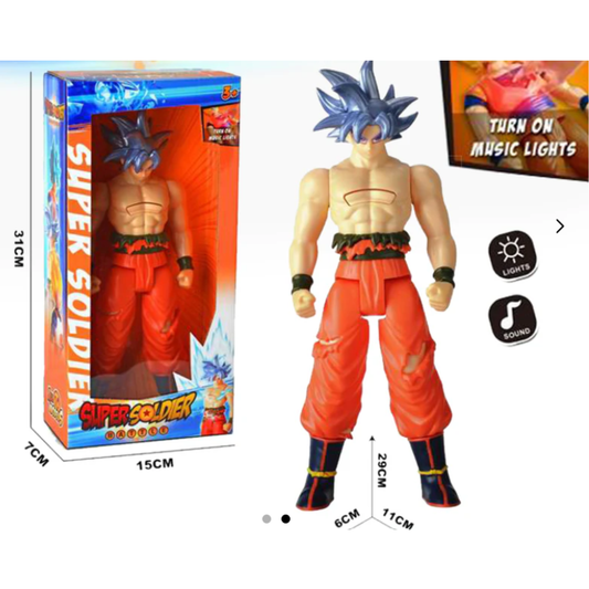 Super Soldier Battle Goku Action Figure Toy – 29cm Large Scale Ultra Instinct Silver Hair Anime Figure with Interactive Music & Lights