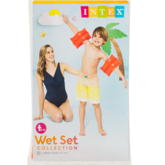 Intex Inflatable Arm Bands Swim Pool Floaties – Wet Set Collection Orange Water Wings Sleeve Rings for Kids Age 6-12