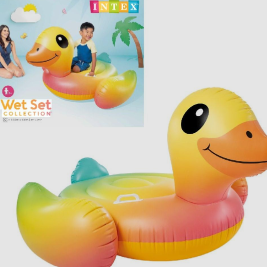 Intex Inflatable Mega Duck Ride-On Pool Float –  Wet Set Collection Large Yellow Duck Water Lounge with Heavy-Duty Handles for Kids Age 3+