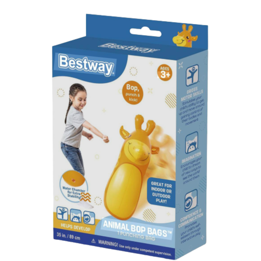 Bestway Animal Bop Bag Giraffe – 35-Inch Inflatable Boxing Punching Bag Toy with Built-In Water Chamber Weight Base for Kids Age 3+
