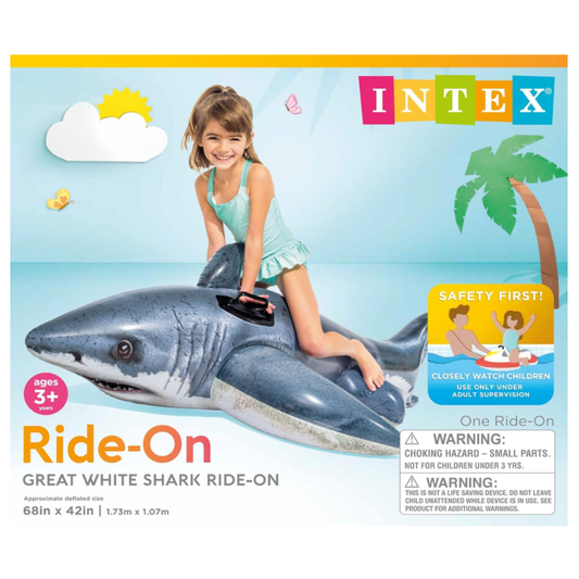 Intex Great White Shark Inflatable Pool Ride-On Float – 68" x 42" Durable Kids Water Cruiser with Heavy-Duty Grab Handles for Ages 3+