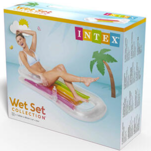 Intex King Kool Inflatable Pool Lounge Mat – $1.60\text{m} \times 85\text{cm}$ Wet Set Collection Transparent Floating Recliner Air Bed with Backrest, Armrests & Cup Holder