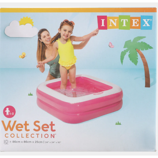 Intex Inflatable Square Baby Pool – $86\text{cm} \times 86\text{cm} \times 25\text{cm}$ Wet Set Collection Pink 2-Ring Inflatable Toddler Paddling Pool for Kids Ages 1-3