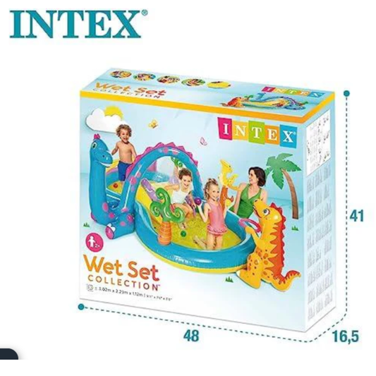 Intex Dinoland Inflatable Kids Pool Play Center – Wet Set Collection Water Park with Built-in Volcanic Slide, Dino Arch Sprinkler & Ring Toss Game for Ages 2+