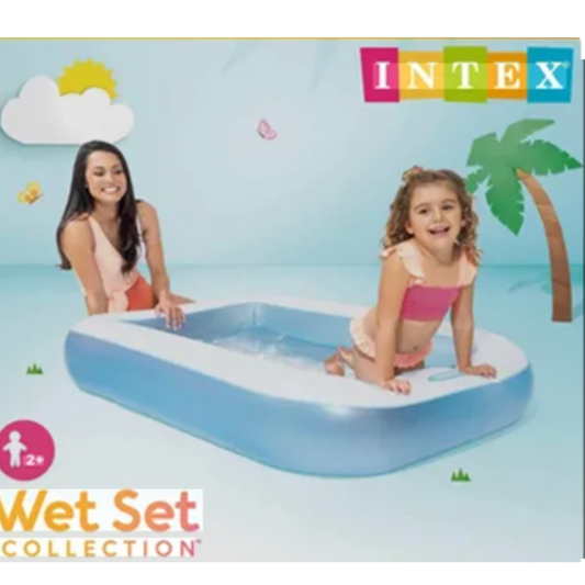 Intex Inflatable Rectangular Kiddie Pool – Wet Set Collection Soft Metallic Blue & White Two-Ring Blow Up Splash Pool for Toddlers Ages 2+
