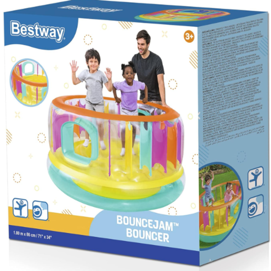 Bestway BounceJam Inflatable Bouncer Round Indoor and Outdoor Trampoline Playhouse with Transparent Multi-Color Slit Safety Walls for Kids Ages 3+